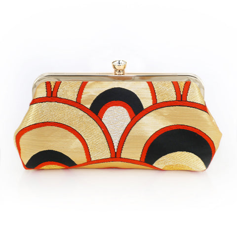 Golden & Black Seigaihai Waves Clutch Bag | Upcycled from vintage Japanese Obi - Heritage ReFashioned